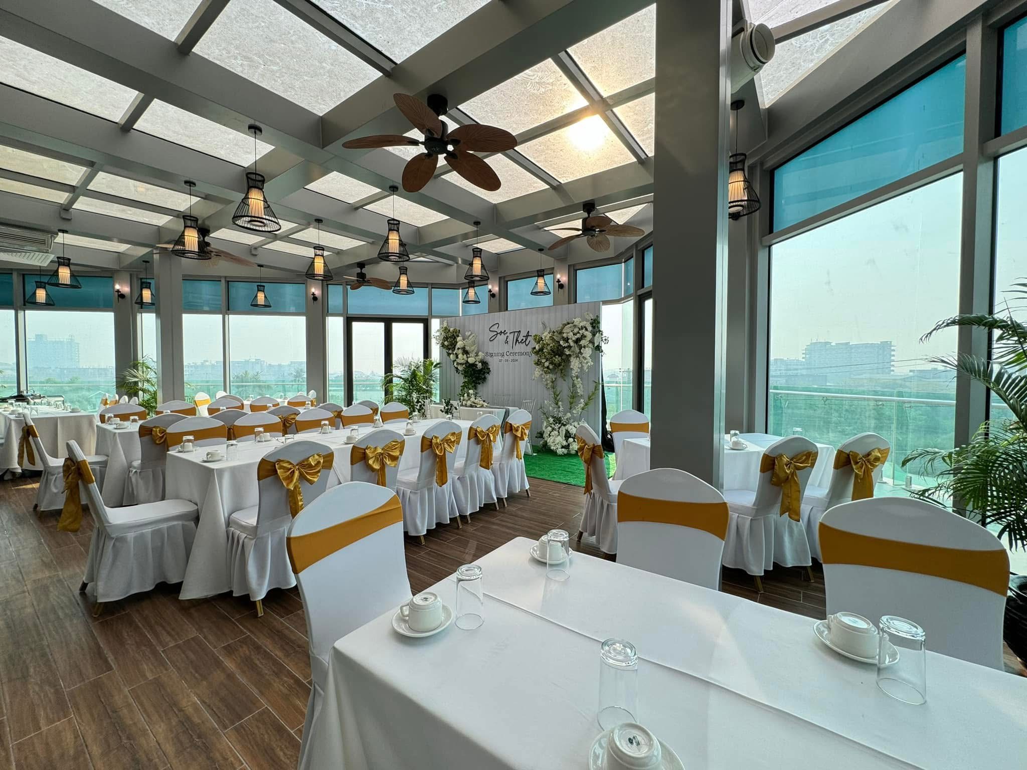 The main restaurant area set up for an event